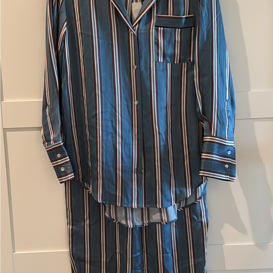 Blue And White Striped Pajama Set With Long Sleeves